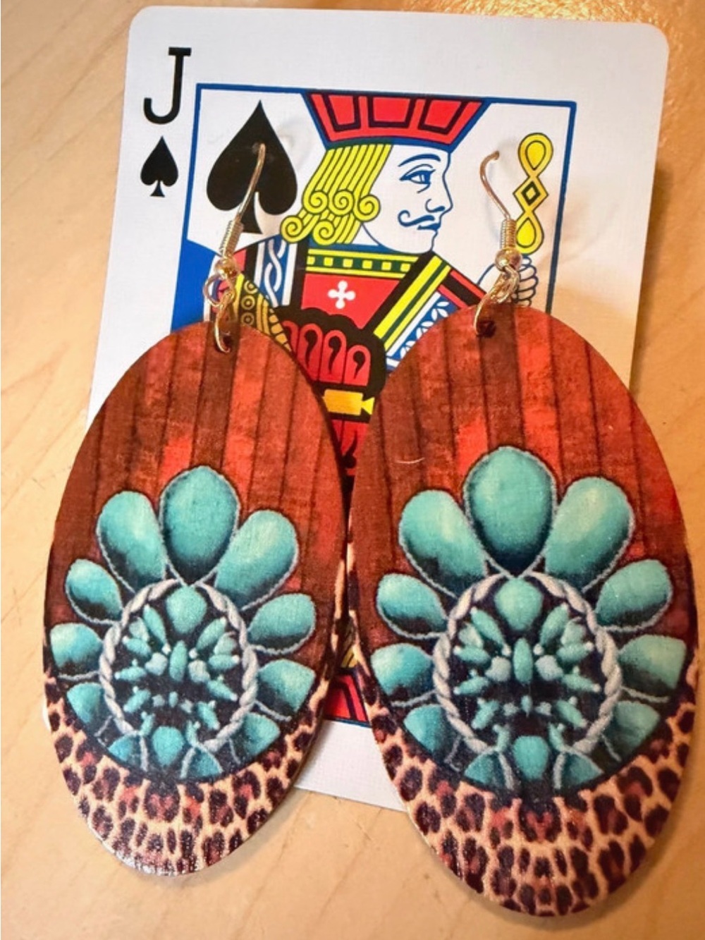 Turquoise Floral Oval Wood Drop Earrings - Unbranded